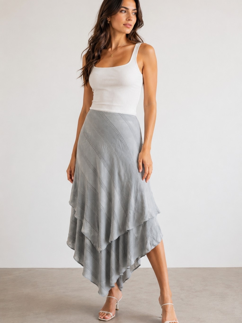 100% Silk Ralph Lauren Layered Asymmetric Midi Skirt - Light Gray